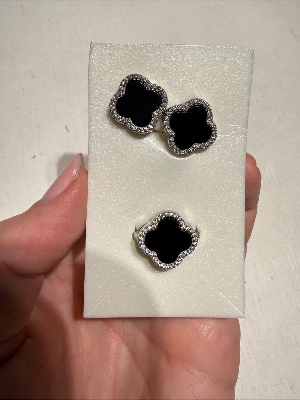 925 Sterling Silver Black Clover Ring & Earrings Set